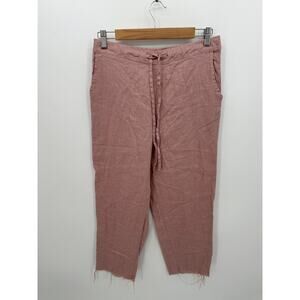 Pink Linen Pull on Ankle Pants Women Medium Raw Hem Drawstring Coastal Vaca Boho